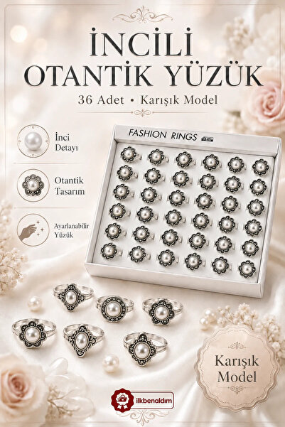 İlkbenaldim 36 Pieces of Authentic Rings with Pearls Mixed Model Women's Acce...