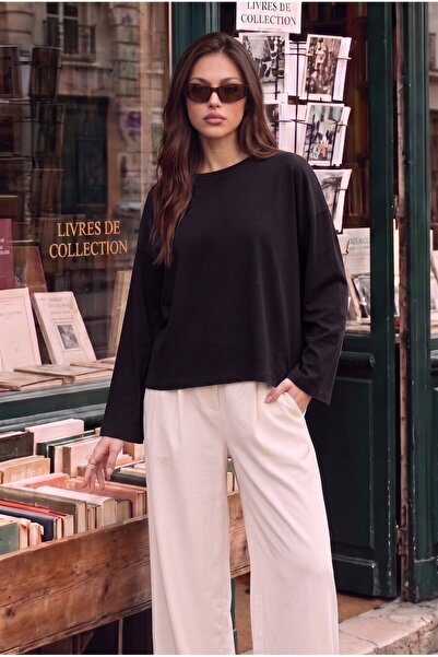 Teenage Millionaire Women's black t-shirt wide sleeve crew neck long sleeve t...