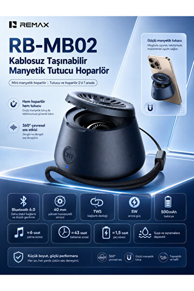 Magsafe Magnetik 2'si 1 AradaTelefon Tutucu Şarjlı Mini Bluetooth Hoparlör 5W RB-MB02 lacivert