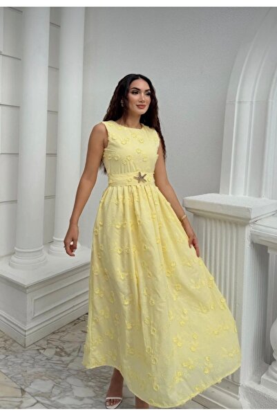 Asmil Çiçek Nakışlı MİDİ Astarlı Elbise