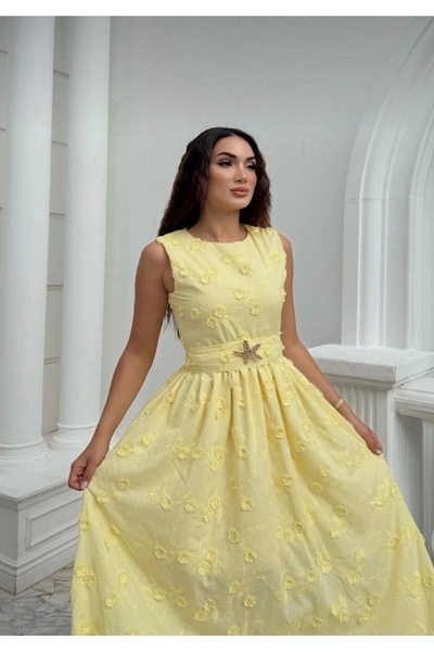 Asmil Çiçek Nakışlı MİDİ Astarlı Elbise