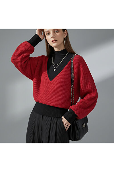 dorbe Women's Red Color block V-Neck Sweater