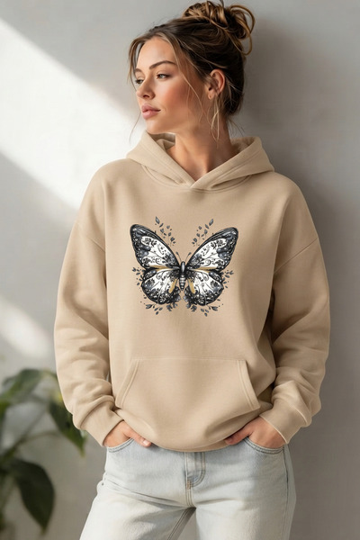 uyguntarz Unisex Pattern Butterfly Printed Oversize Hoodie Hooded Sweatshirt