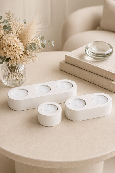 betonmall Beton Tealight Mumluk 3’lü Set El Yapımı Modern Şamdan Mumluk (Teal...