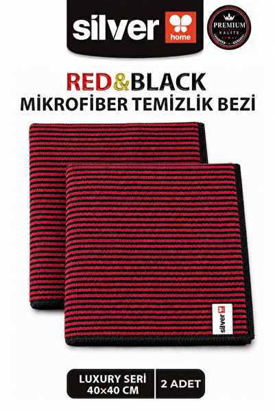 SİLVER HOME Luxury Serisi 2’li Kırmızı Siyah İnce Çizgili Desen Mikrofiber Temizlik Bezi 40x40 cm Süper Emici İz Bırakmaz