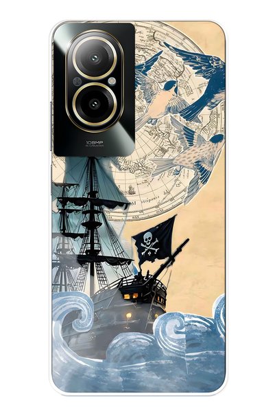 FLAMENKO Realme 12 Lite Compatible Pirate Ship Patterned Transparent Phone Case