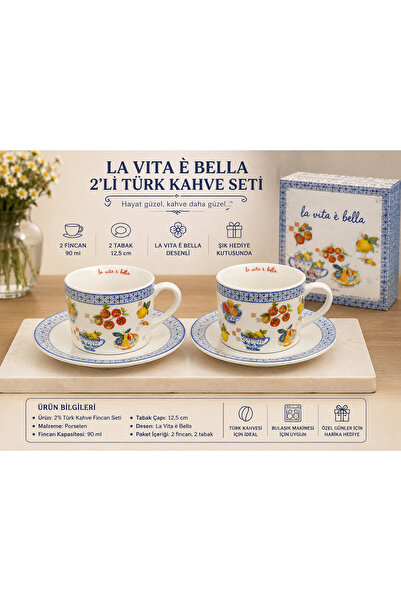 Atak Hediyelik La Vita È Bella Desenli 2’li Porselen Türk Kahvesi Fincan Takı...