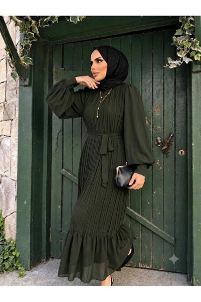 Sura Fashion Piliseli Balon Kol Şifon Elbise