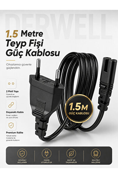 Derwell Universal C7 Güç Kablosu 1.5M - Çift Delikli Teyp Konsol TV Enerji Ka...