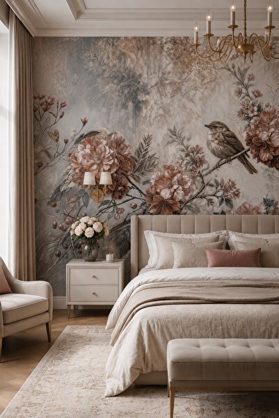 dreamwall Gümüş Bahçe Kuş ve Botanik Desenli Tek Parça Tekstil Duvar Kağıdı