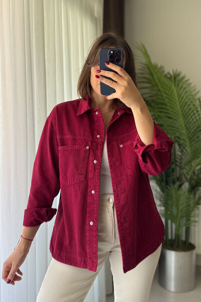 Kubos Moda Πουκαμισο-μπουφάν Oversize Gabardine Claret Red με διπλές τσέπες μ...