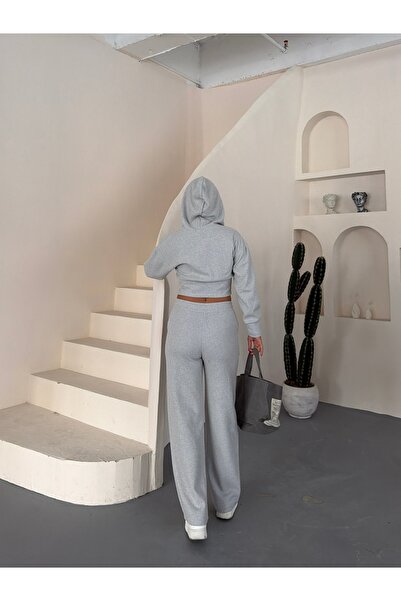 NOTHING Kadın Premium Selanik Kumaş Crop Fermuarlı Kapüşonlu & Wide Leg Pantolon İkili Takım GN-0095