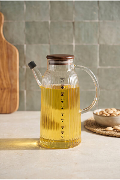 MİEN 1000 ml Acacia Lid Glass Oil Pot