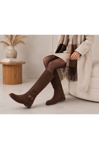 Saltopik Brown Suede Buckle Flat Sole Boots