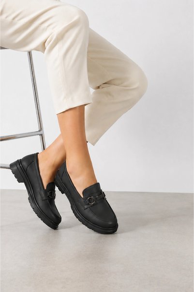 HT HOTİN Axiom Orthopedic Women's Loafer |   Faux Leather Thick Sole Shoes with Metal Buckle - Black