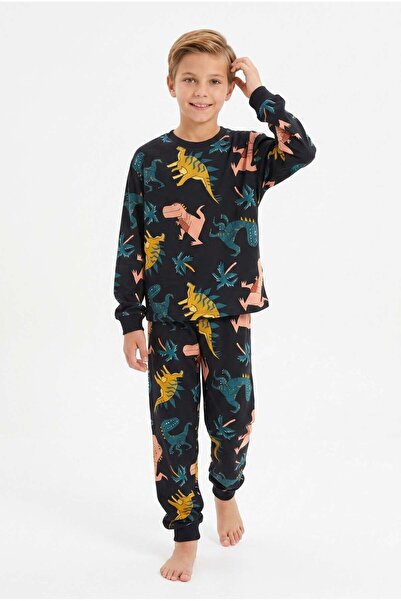 bunny hopp Boy's Long Sleeve Pajama Set 100% Cotton Black Color Dinosaur Pattern Combed Cotton