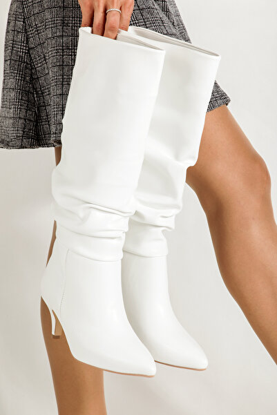 RoseVeno Women's White Drawstring Above-Knee Heeled Pointed Boots