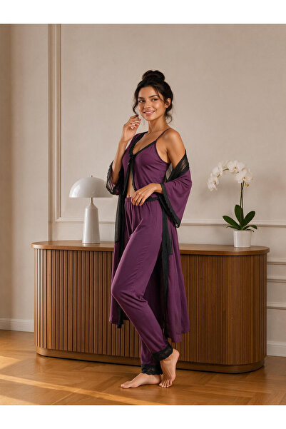 Mürdüm Dantelli Üçlü Pijama Takım