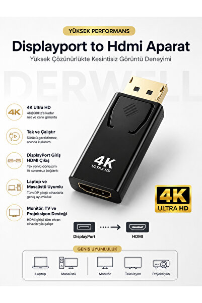 Derwell DisplayPort to HDMI Dönüştürücü Aparat 4K Ultra HD DP Giriş HDMI Çıkı...