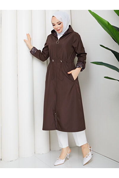MEHDENEFE Leopard Print Inside Detail Hooded Trench Coat with Elastic Waist M...