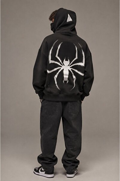 Joetsu Black Oversize Spider Patterned High Collar Zippered Hooded Sweatshirt