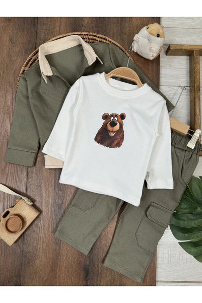 my petit panda Bear Printed Gabardine Jacket Long Sleeve Badi Lycra Gabardine Cargo Pants 3-Piece Baby Boy Set