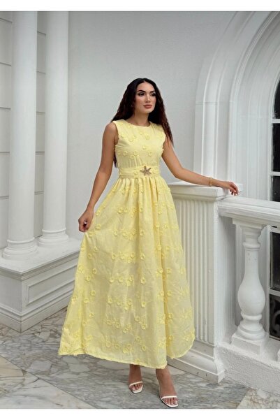 Asmil Çiçek Nakışlı MİDİ Astarlı Elbise