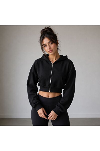 herkesemoda Women's Black Zippered Hooded 2 Thread Raster Crop Sweatshirt