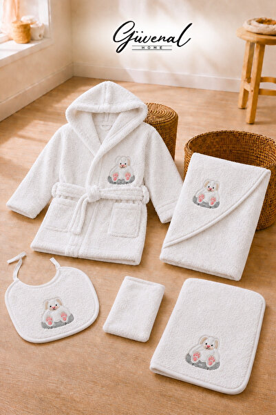 Güvenal Cotton Candy |   5-Piece Boxed Embroidered Cotton Hooded Baby Bathrob...