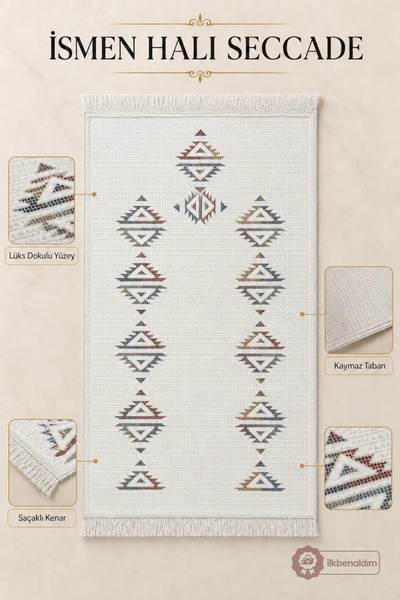 İlkbenaldim İsmen Halı Seccade Non-Slip Base Luxury Textured Fringed Prayer Mat