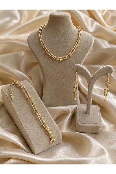 Valmont Women's Gold Color Chain Necklace Earrings Bracelet 3-Piece Jewelry S...