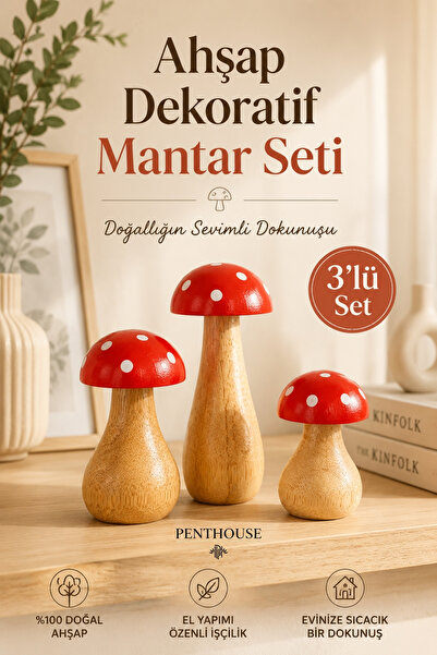 Penthouse 3’lü Ahşap Dekoratif Küçük Mantar Seti Kırmızı Beyaz Benekli Masa Ü...
