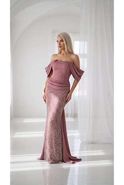 holie dress ZARİF DRAPELİ TAŞLI UZUN BALIK ABİYE ELBİSE