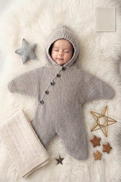 Meriç bebe Star Figured Seamless Hooded Unisex Knitwear Baby Romper 0-6 Months
