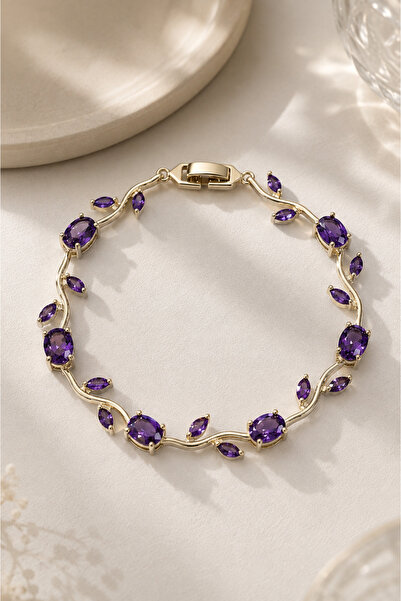 Alexis Carrel Sapphire Purple Zircon Stone Tulip Steel Gold Bracelet