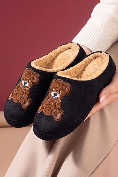 FUGA MODA Pepra Black Teddy Bear Plush House Slippers Embroidered Winter Indo...