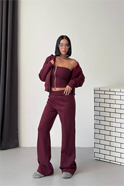 Neşeli Butik Women's Burgundy Zippered 3-Thread Ruched Triple New Season Trac...