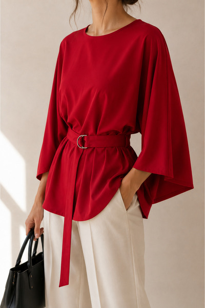 moda wanilia Modern and Stylish Women's Bat Sleeve Atlas Blouse with Waist Belt