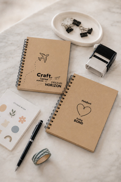 kRFT A5 Kraft Spiralli Çizgisiz Defter 2'li Set – Uçak ve Kalp Tasarımlı