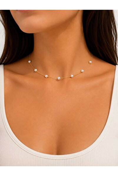 Genel Markalar MİNOWİİ Plastik İncili Choker ( kısa ) 36 cm Zincirli Kolye
