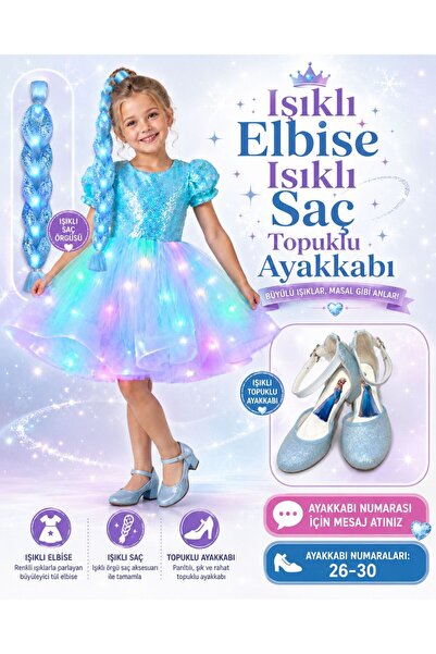 bemora kids payetli mavi ışıklı elbise ışıklı saç elsa mavi topuklu ayakkabı ...