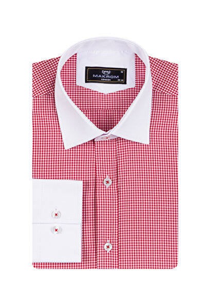 MAKROM Erkek Bordo Pötikare Desenli Kontrast Beyaz Yaka ve Manşetli Slim Fit ...