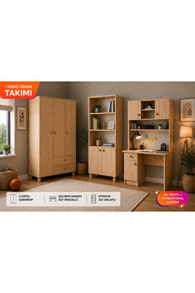 Adasem Mobilya Genç Odası Takımı, 3 Kapılı Dolap, Çalışma Masası, Kitaplık