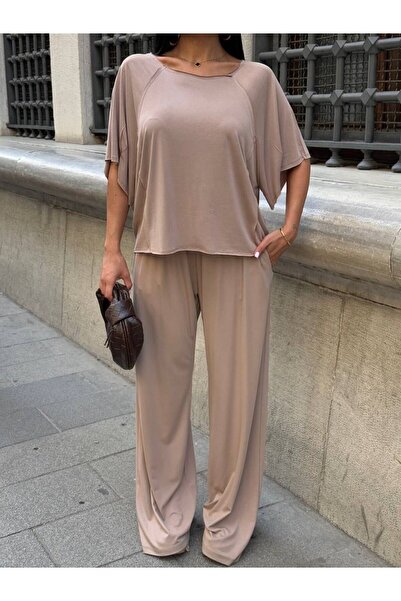 Olbia Women's Beige Oversize T-Shirt Casual Pants Modal Set