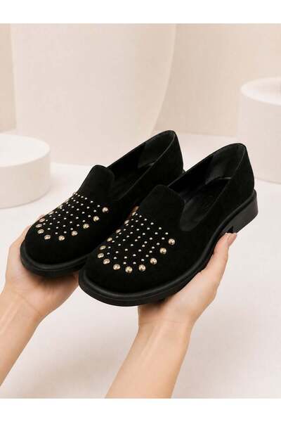 dabab shoes Monica Women's Black Suede Stone-Studded Round Toe 2 cm Thick Sol...