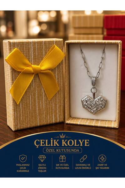İlkbenaldim Baguette Stone Heart Model Steel Necklace, Non-Tarnish Gift in Sp...