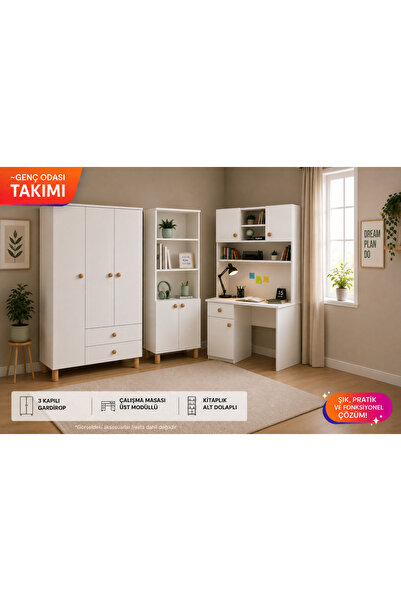 Adasem Mobilya Genç Odası Takımı, 3 Kapılı Dolap, Çalışma Masası, Kitaplık