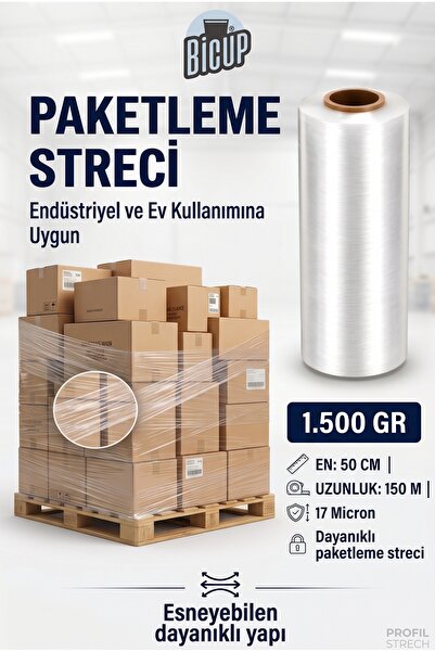 BiCUP Büyük Boy Palet ve Koli Streci Eşya Mobilya ve Kargo Sarma Koruma Ambal...