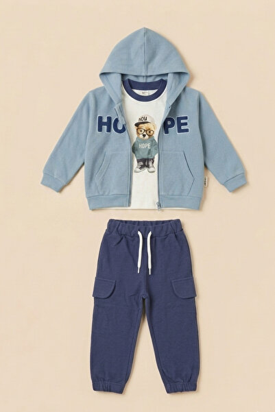 zumino Baby Boy Hooded Zippered Teddy Bear Printed Cargo Pocket 3-Piece Track...