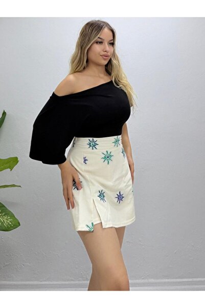 Velista Women's Cream Ethnic Embroidered Linen Zipper Mini Shorts Skirt with ...